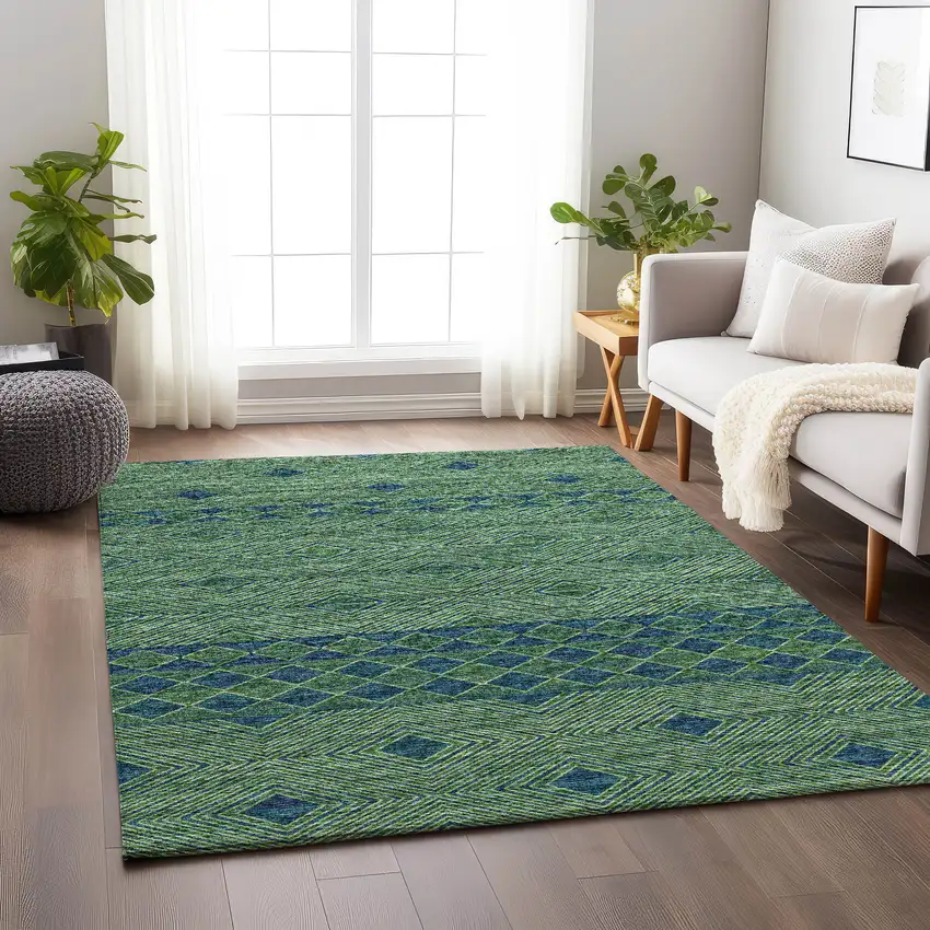 Green And Navy Blue Tribal Washable Area Rug With UV Protection Photo 3