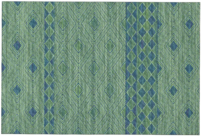 Green And Navy Blue Tribal Washable Area Rug With UV Protection Photo 2