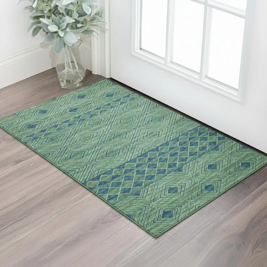 Green And Navy Blue Geometric Washable Area Rug With UV Protection Photo 1