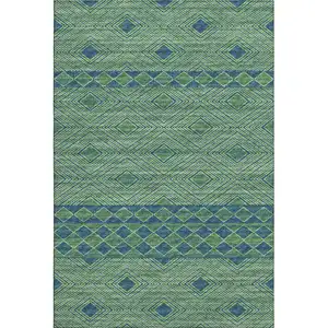 Photo of Green And Navy Blue Geometric Washable Area Rug With UV Protection
