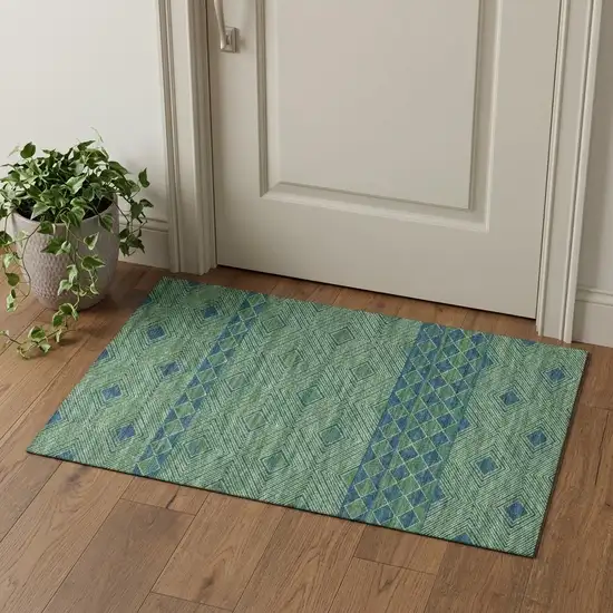 Green And Navy Blue Tribal Washable Area Rug With UV Protection Photo 1