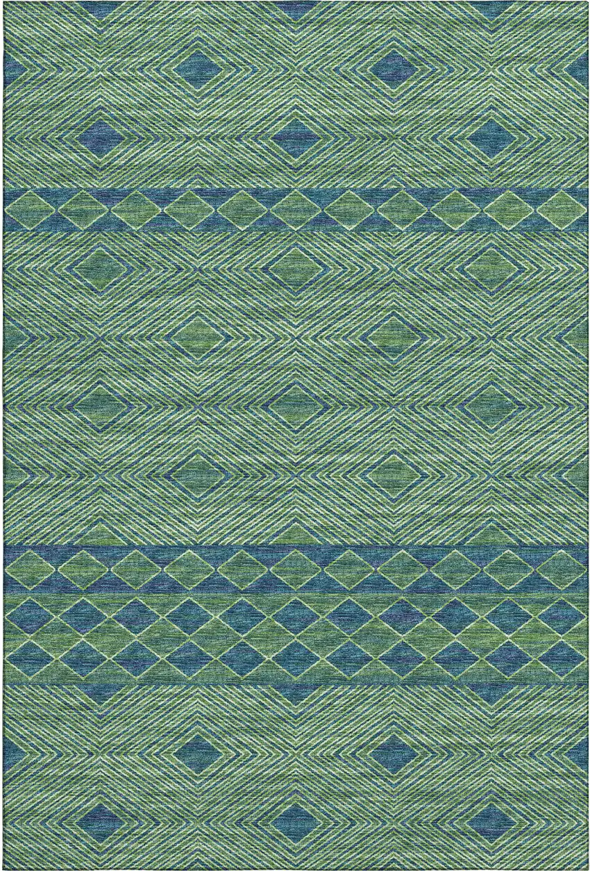 Green And Navy Blue Geometric Washable Area Rug With UV Protection Photo 2