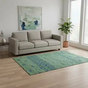 Photo of Green And Navy Blue Geometric Washable Area Rug With UV Protection