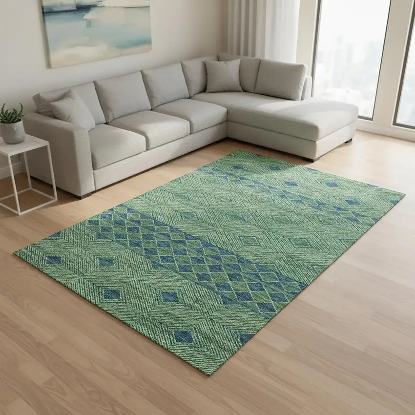 Green And Navy Blue Geometric Washable Area Rug With UV Protection Photo 1