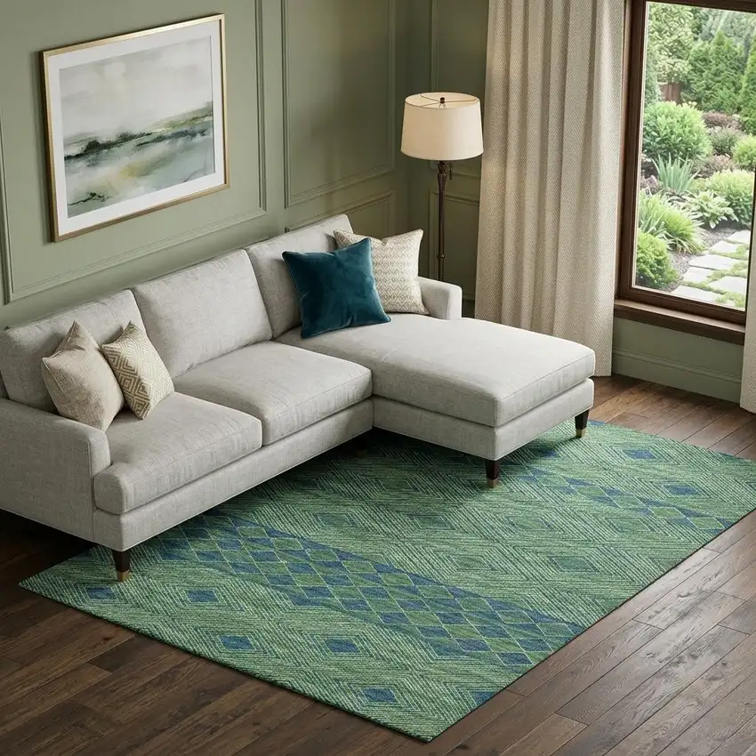 Green And Navy Blue Geometric Washable Area Rug With UV Protection Photo 1