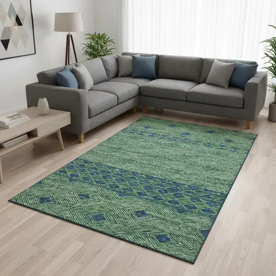Green And Navy Blue Geometric Washable Area Rug With UV Protection Photo 1