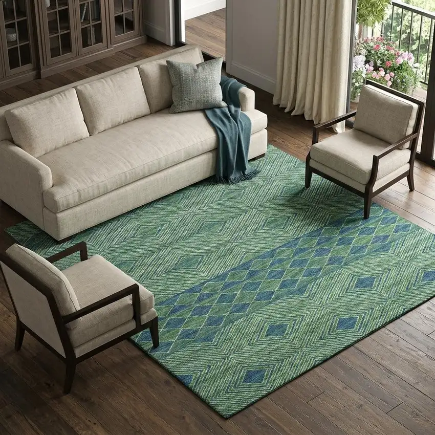 Green And Navy Blue Geometric Washable Area Rug With UV Protection Photo 1