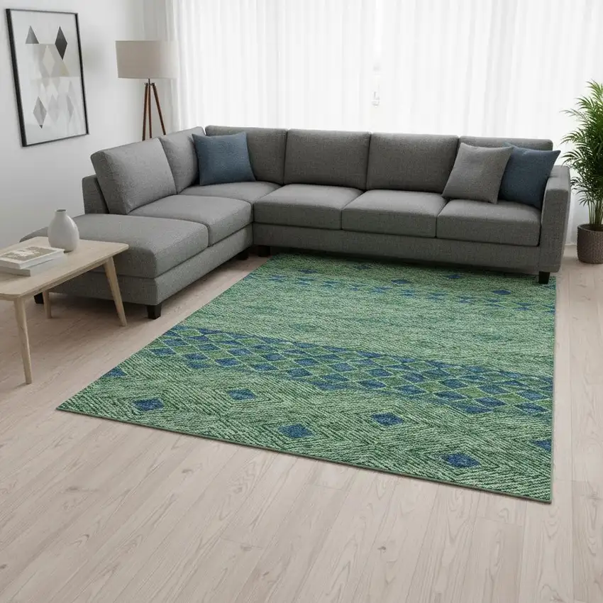 Green And Navy Blue Geometric Washable Area Rug With UV Protection Photo 1