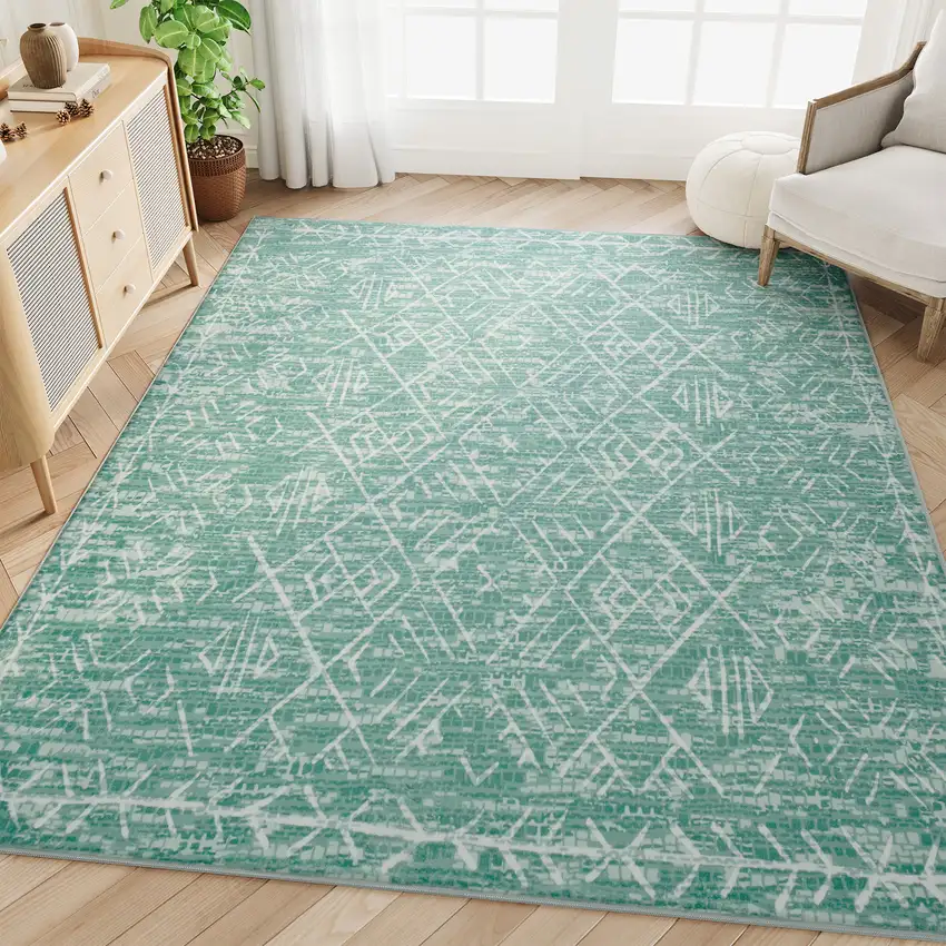 Green And Off White Abstract Geometric Distressed Washable Area Rug Photo 5