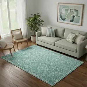 Photo of Green And Off White Abstract Geometric Distressed Washable Area Rug