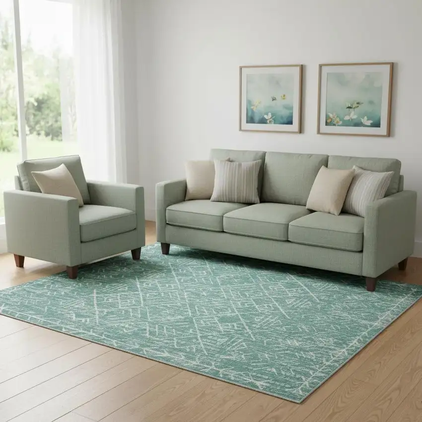 Green And Off White Abstract Geometric Distressed Washable Area Rug Photo 1