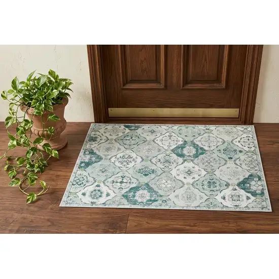 Green And Off White Patchwork Distressed Washable Area Rug Photo 1