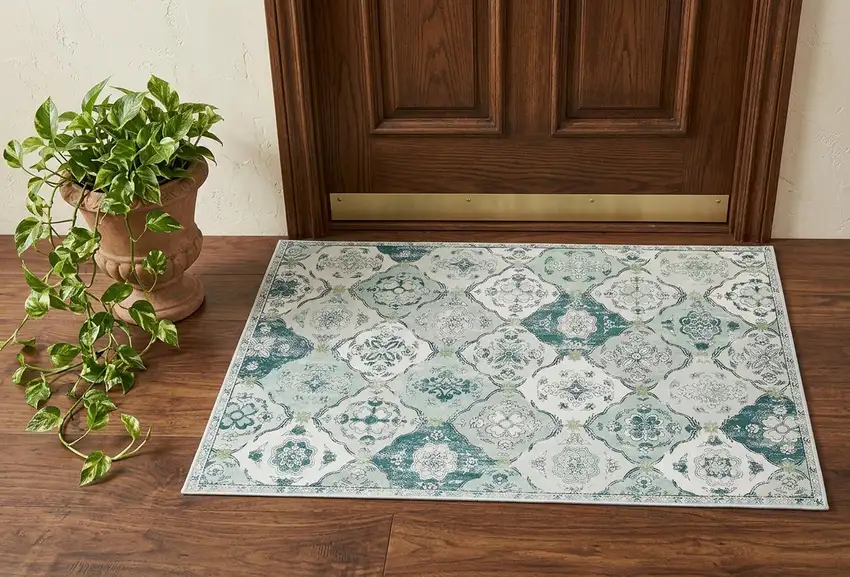 Green And Off White Patchwork Distressed Washable Area Rug Photo 1