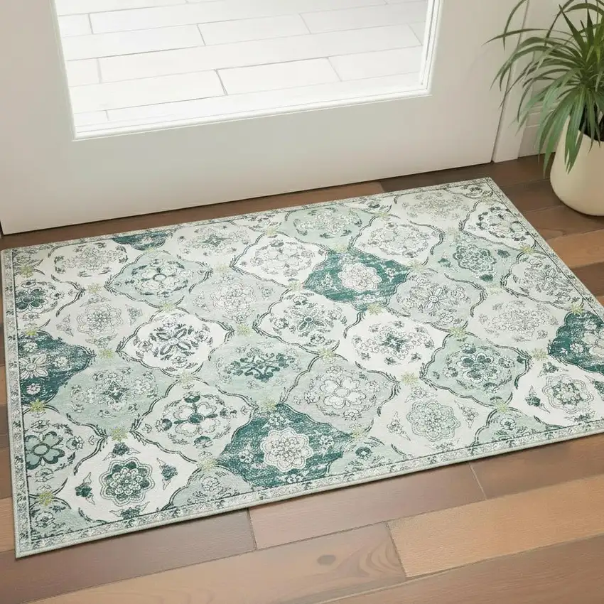 Green And Off White Patchwork Distressed Washable Area Rug Photo 1