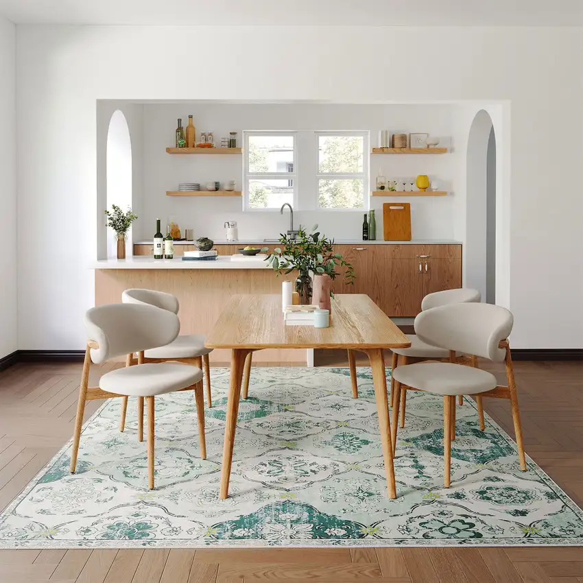 Green And Off White Patchwork Distressed Washable Area Rug Photo 9