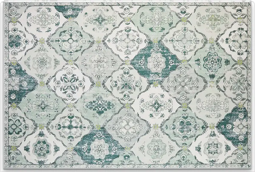 Green And Off White Patchwork Distressed Washable Area Rug Photo 2