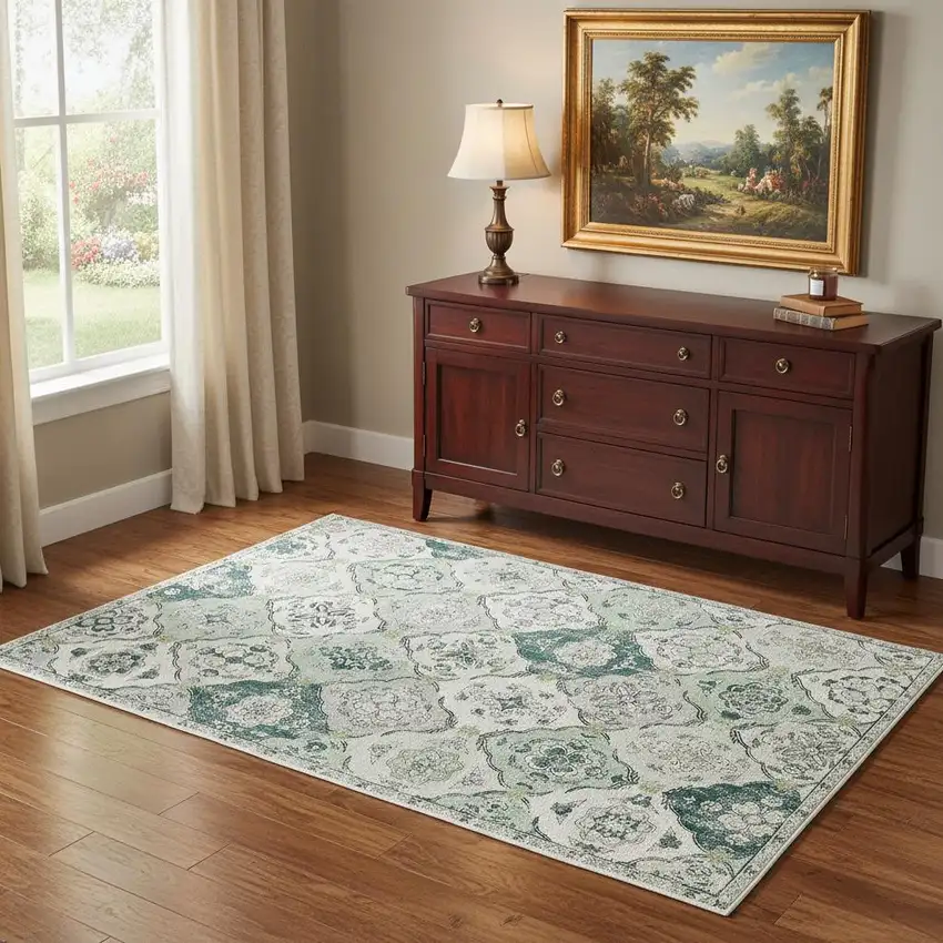 Green And Off White Patchwork Distressed Washable Area Rug Photo 1