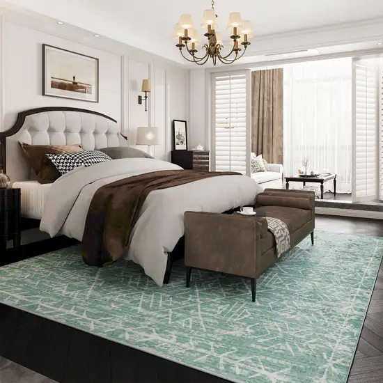 Green And Off White Tribal Distressed Area Rug Photo 5