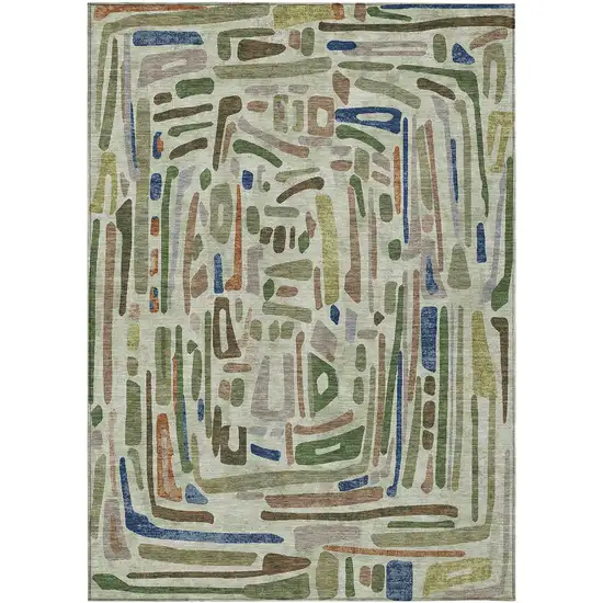 Green And Olive Green Abstract Washable Indoor Outdoor Area Rug Photo 1