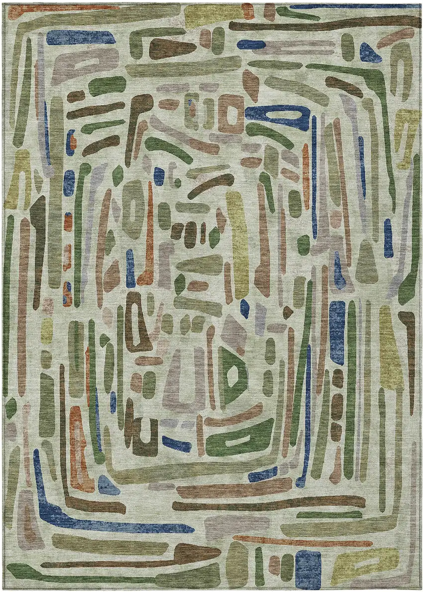 Green And Olive Green Abstract Washable Indoor Outdoor Area Rug Photo 1
