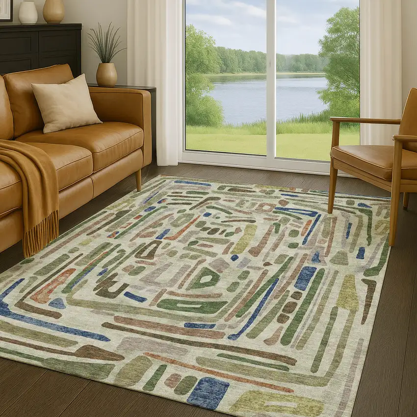 Green And Olive Green Abstract Washable Indoor Outdoor Area Rug Photo 5