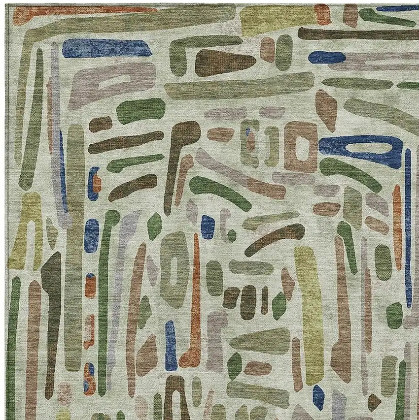 Green And Olive Green Abstract Washable Indoor Outdoor Area Rug Photo 2