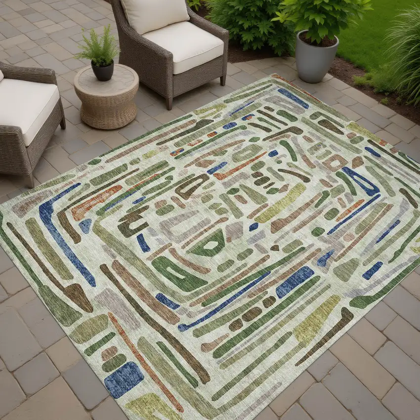 Green And Olive Green Abstract Washable Indoor Outdoor Area Rug Photo 7
