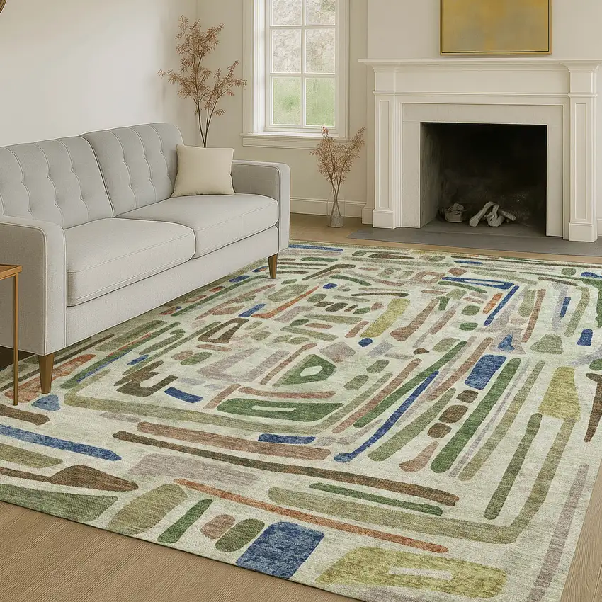 Green And Olive Green Abstract Washable Indoor Outdoor Area Rug Photo 6