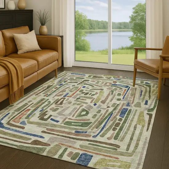 Green And Olive Green Abstract Washable Indoor Outdoor Area Rug Photo 5