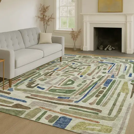 Green And Olive Green Abstract Washable Indoor Outdoor Area Rug Photo 6