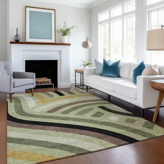 Green And Olive Green Abstract Washable Indoor Outdoor Area Rug Photo 6
