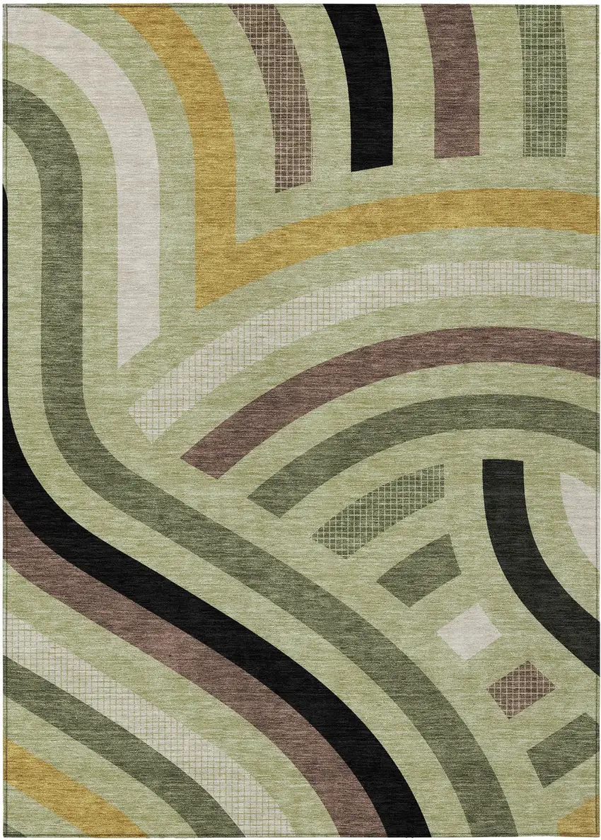 Green And Olive Green Abstract Washable Indoor Outdoor Area Rug Photo 1