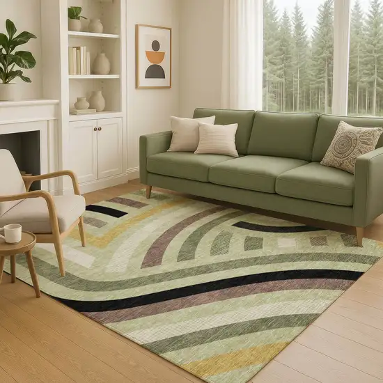 Green And Olive Green Abstract Washable Indoor Outdoor Area Rug Photo 5