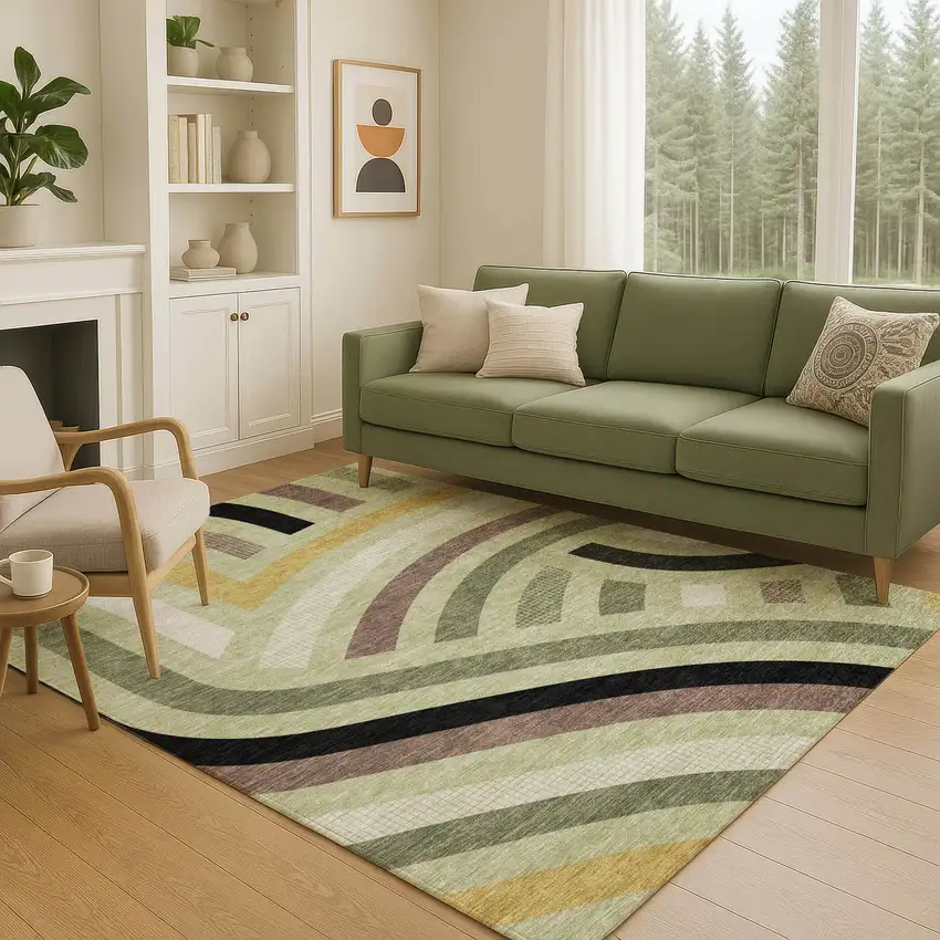 Green And Olive Green Abstract Washable Indoor Outdoor Area Rug Photo 5