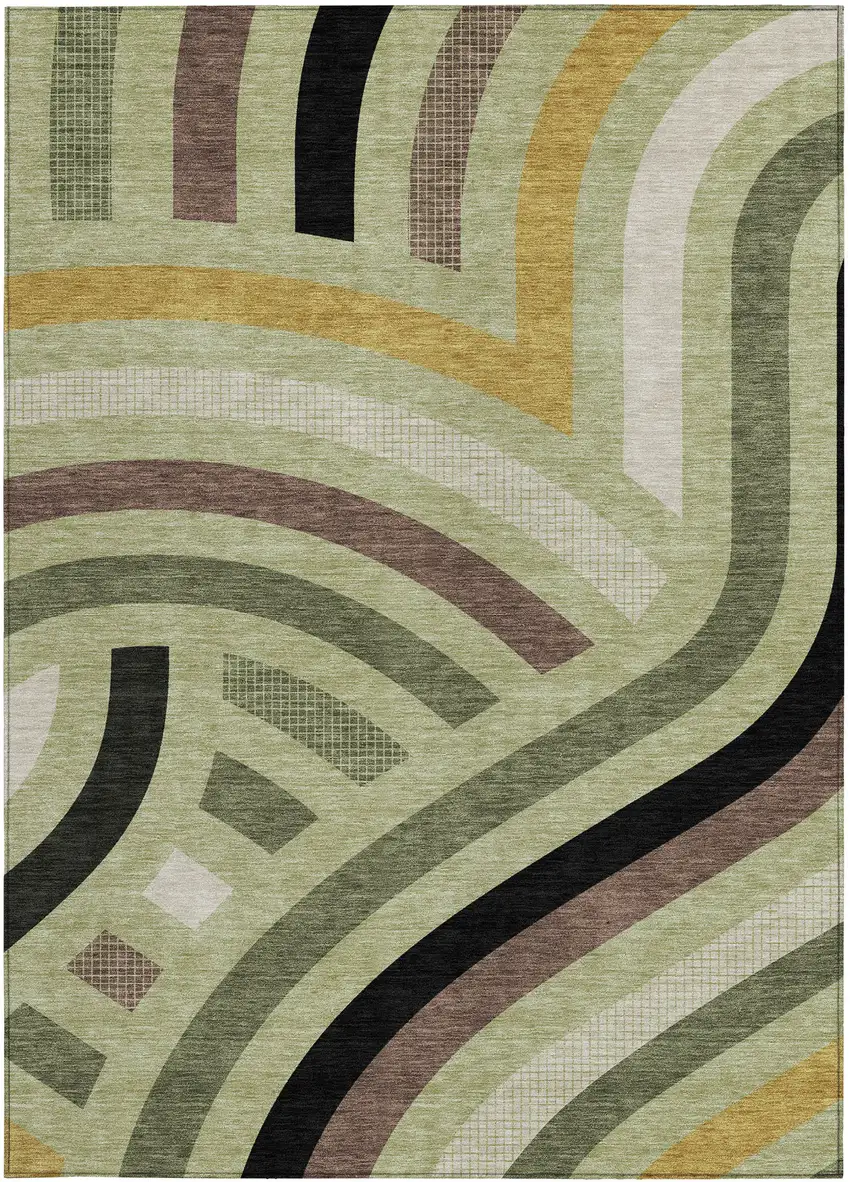 Green And Olive Green Abstract Washable Indoor Outdoor Area Rug Photo 3