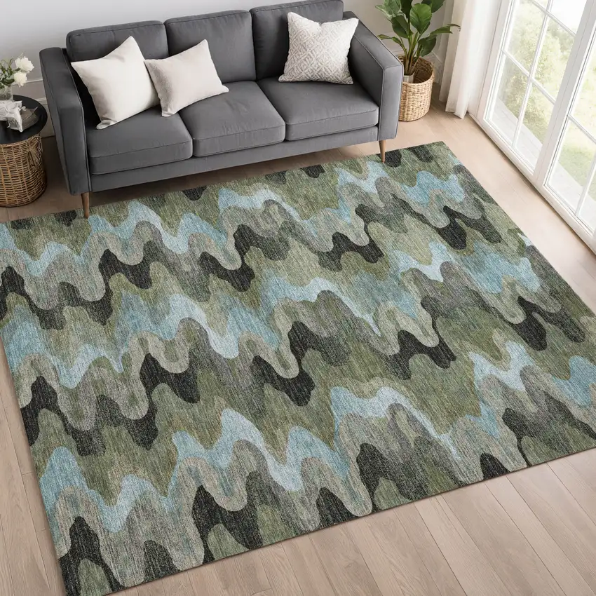 Green And Olive Green Abstract Washable Indoor Outdoor Area Rug Photo 6