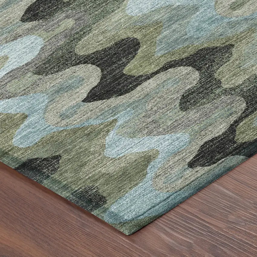 Green And Olive Green Abstract Washable Indoor Outdoor Area Rug Photo 8