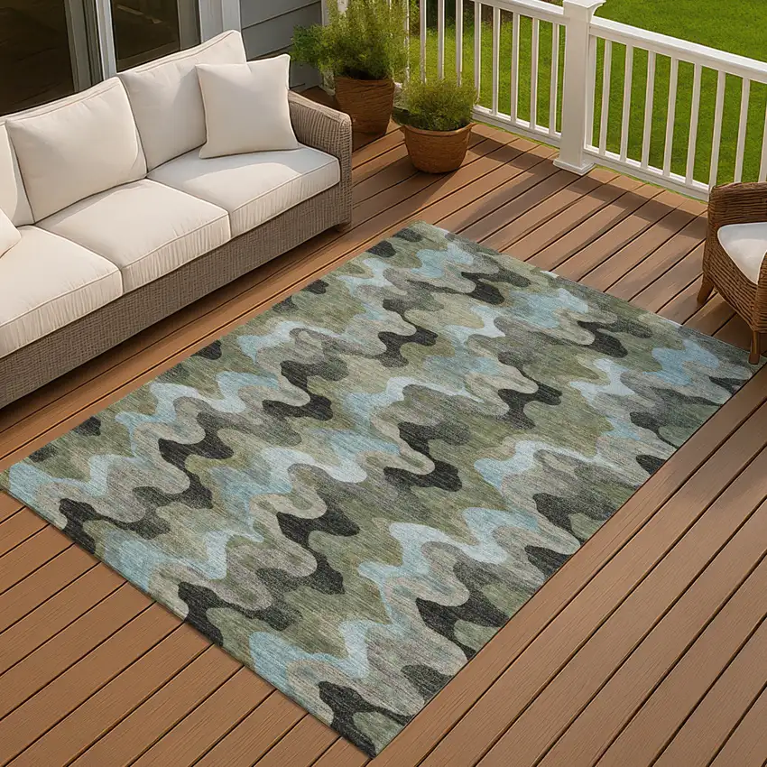 Green And Olive Green Abstract Washable Indoor Outdoor Area Rug Photo 7