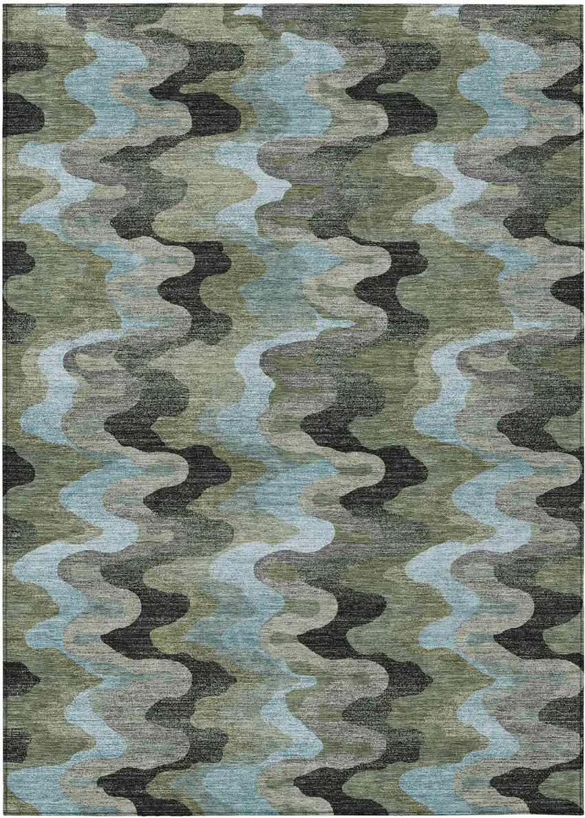 Green And Olive Green Abstract Washable Indoor Outdoor Area Rug Photo 1