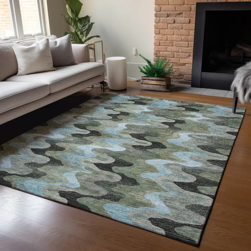 Green And Olive Green Abstract Washable Indoor Outdoor Area Rug Photo 5