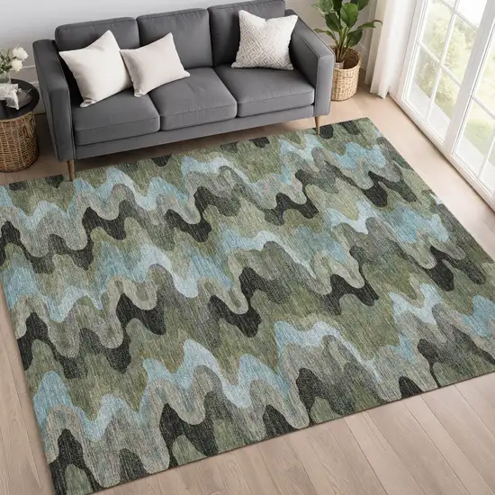 Green And Olive Green Abstract Washable Indoor Outdoor Area Rug Photo 6