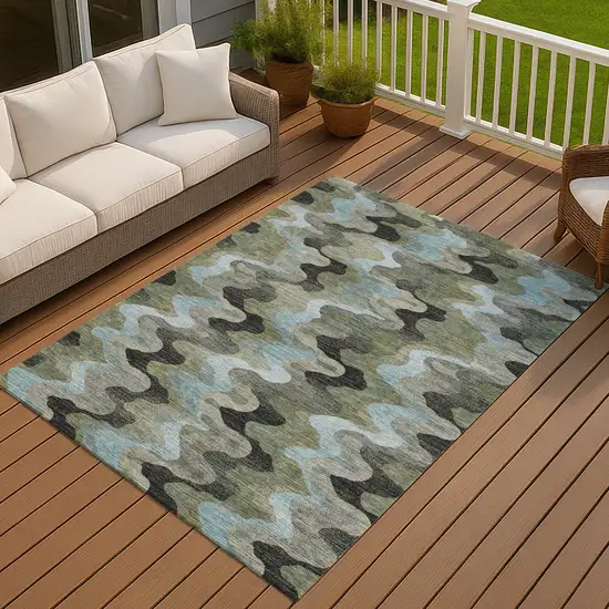 Green And Olive Green Abstract Washable Indoor Outdoor Area Rug Photo 7