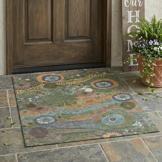 Green And Olive Green Floral Washable Indoor Outdoor Area Rug Photo 1