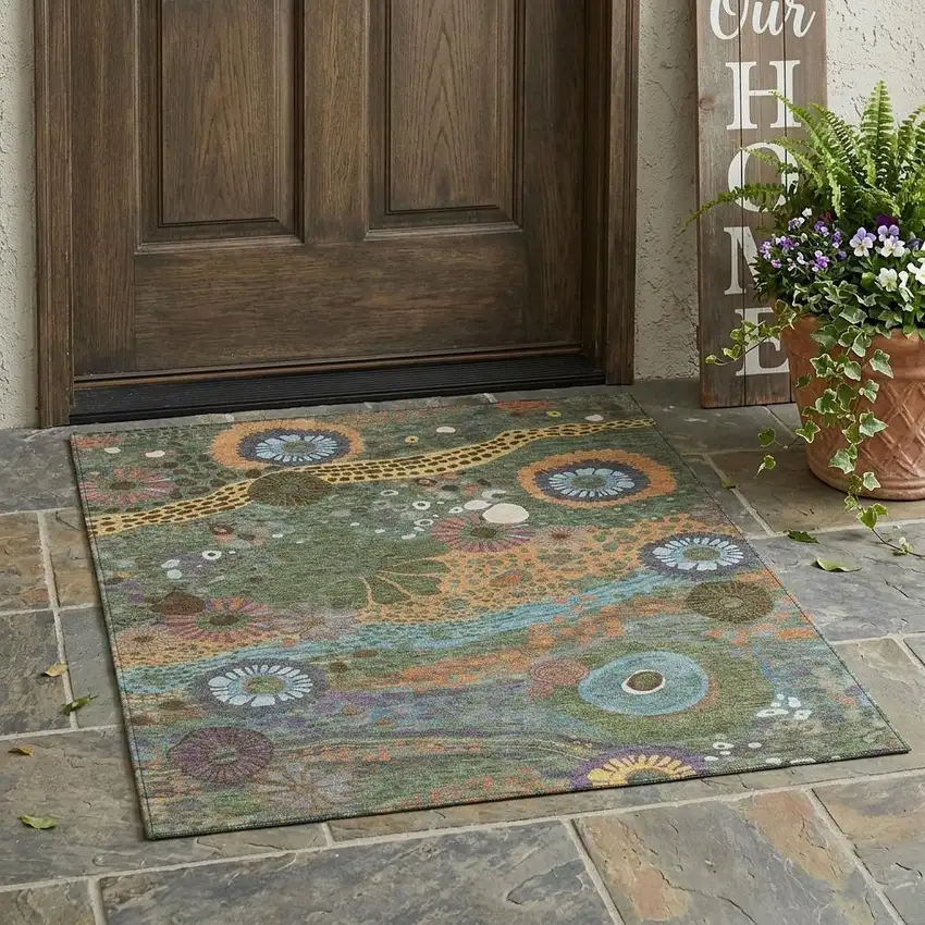 Green And Olive Green Floral Washable Indoor Outdoor Area Rug Photo 1