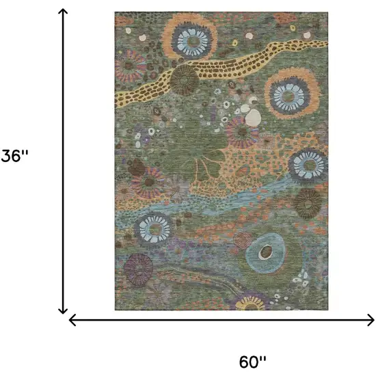 Green And Olive Green Floral Washable Indoor Outdoor Area Rug Photo 7
