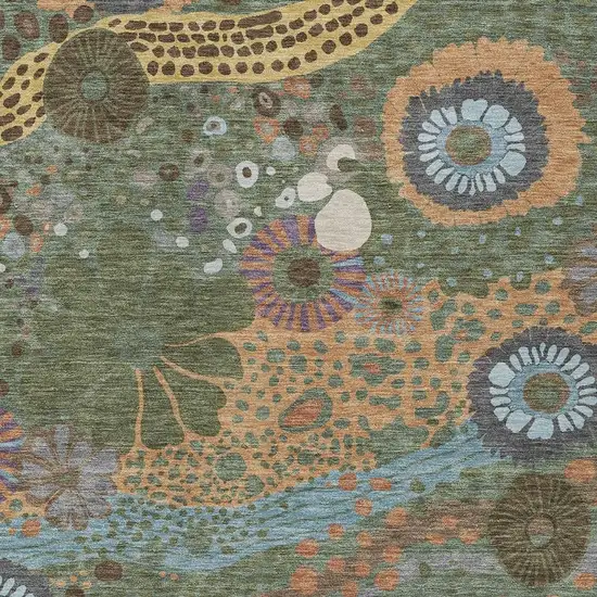 Green And Olive Green Floral Washable Indoor Outdoor Area Rug Photo 3