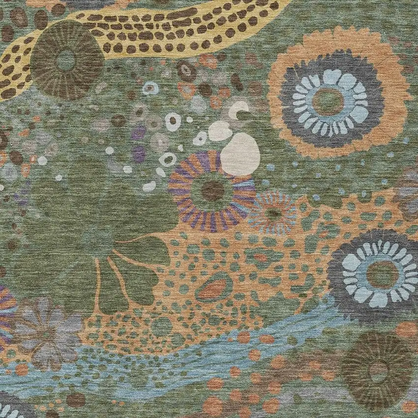 Green And Olive Green Floral Washable Indoor Outdoor Area Rug Photo 3