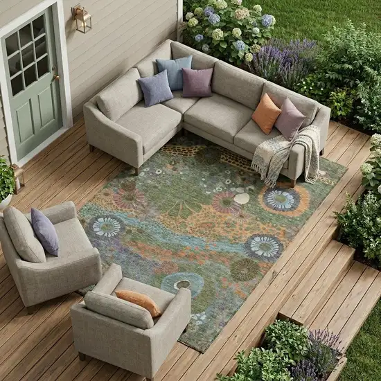 Green And Olive Green Floral Washable Indoor Outdoor Area Rug Photo 1