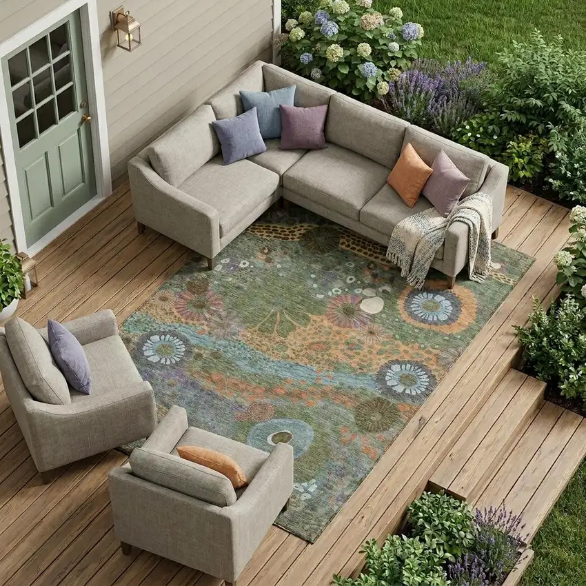 Green And Olive Green Floral Washable Indoor Outdoor Area Rug Photo 1