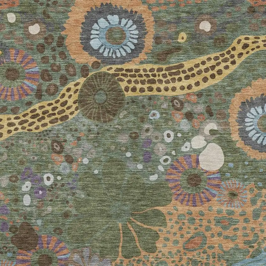 Green And Olive Green Floral Washable Indoor Outdoor Area Rug Photo 3